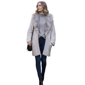 Sleeping on Snow Sweater Womens XS Beige Faux Fur Collar Open Cardigan Bohemian